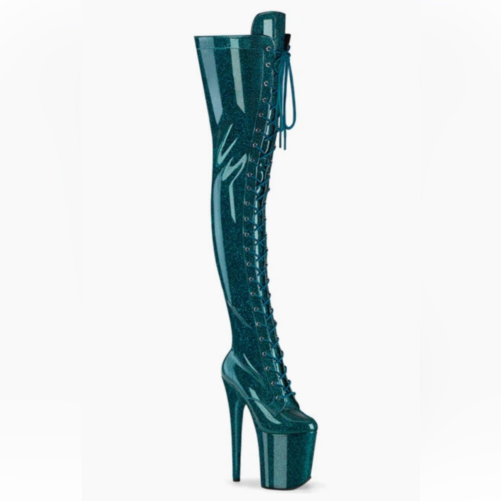 Pleaser Thigh-high Teal Flamingo Boots